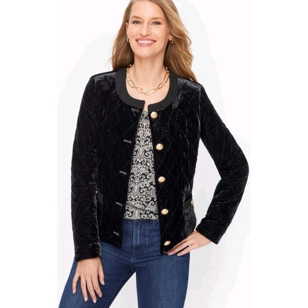 TALBOT'S Black Velvet Quilted Collarless Jacket Gold Button‎ Accents 1X Holiday